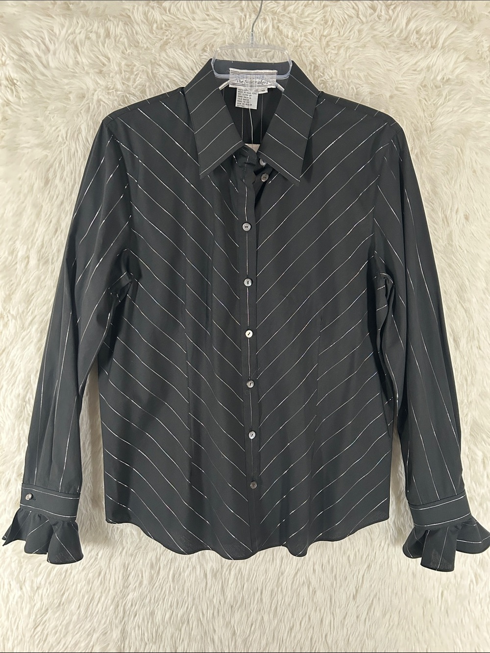 NWT Vintage Starington Black Pinstripe Button-Down Shirt with Ruffle Cuffs